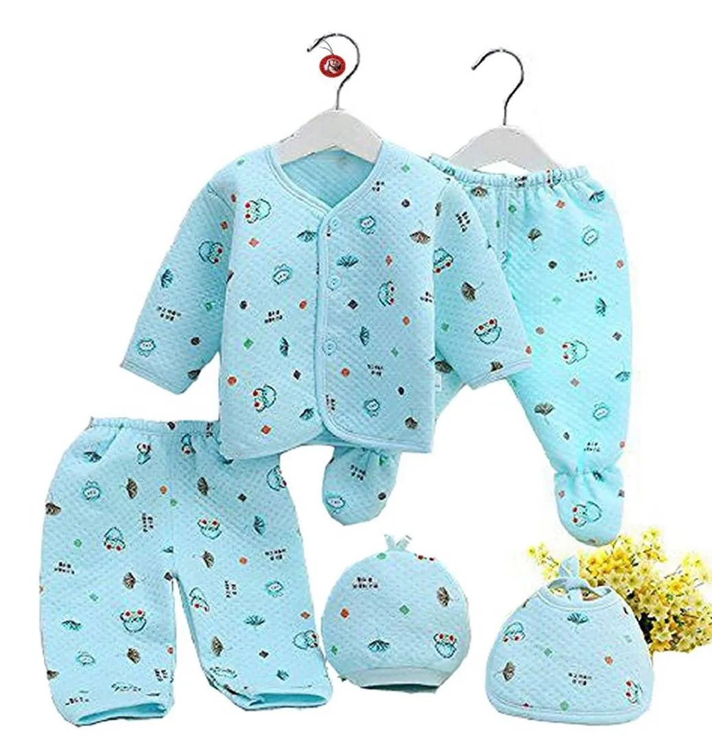 Presents Born Baby Winter Wear Keep Warm Cartoon Printing Baby Clothes 5Pcs Sets Cotton Baby Boys Girls Unisex Baby Fleece/Falalen Suit Infant Clothes