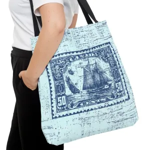 Vintage Canadian Fifty Cent Stamp Tote - Ship Design on Light Tiffany Blue Background