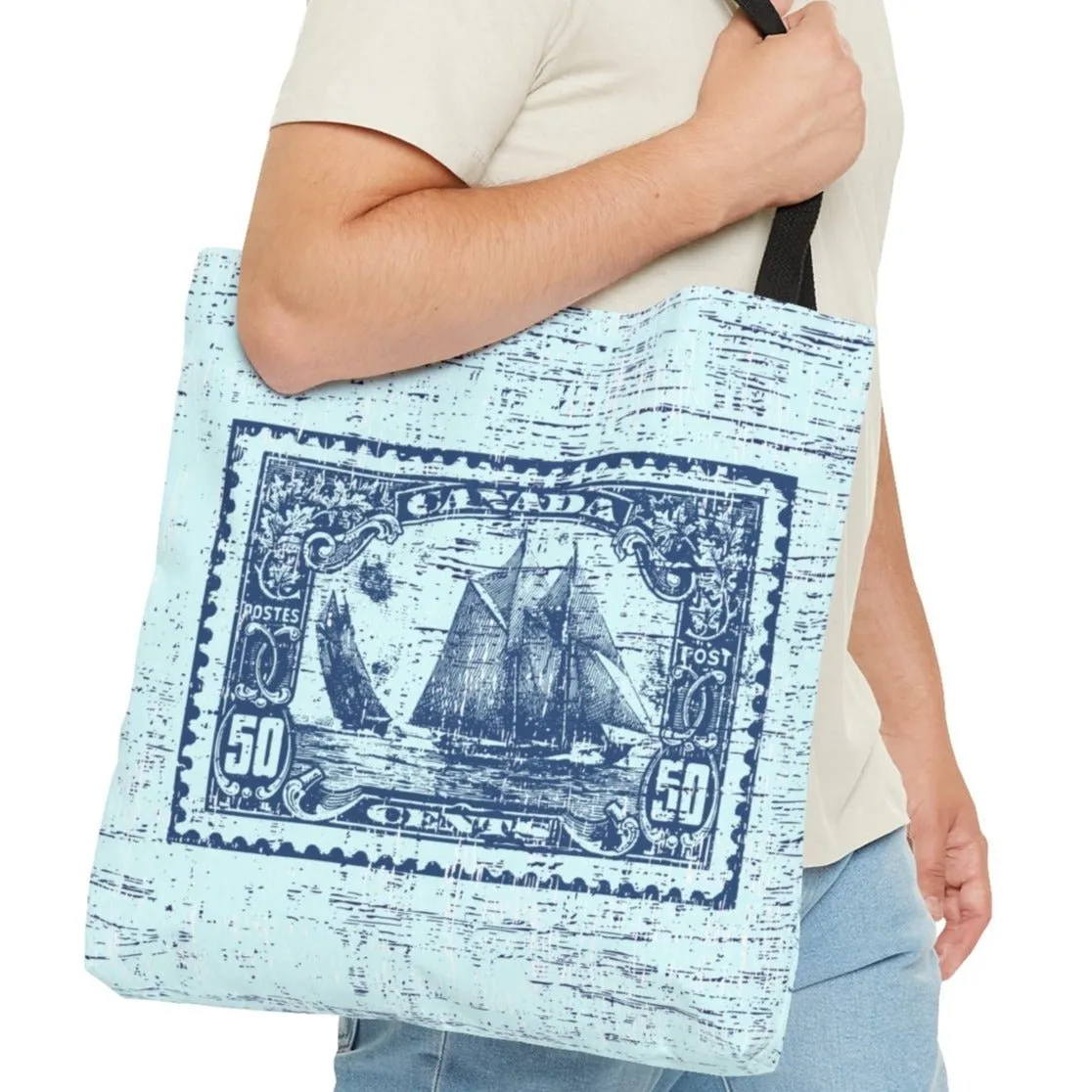Vintage Canadian Fifty Cent Stamp Tote - Ship Design on Light Tiffany Blue Background
