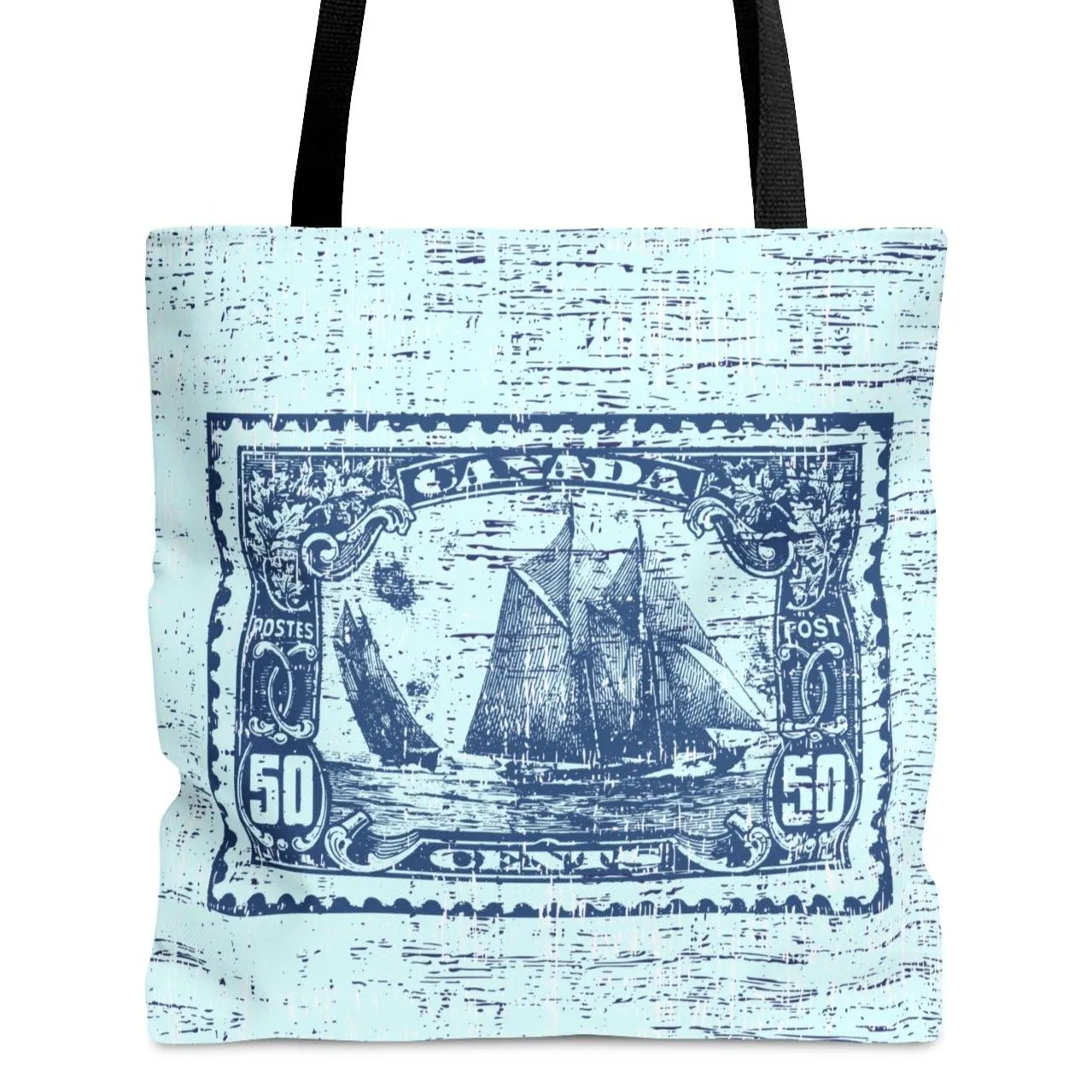Vintage Canadian Fifty Cent Stamp Tote - Ship Design on Light Tiffany Blue Background