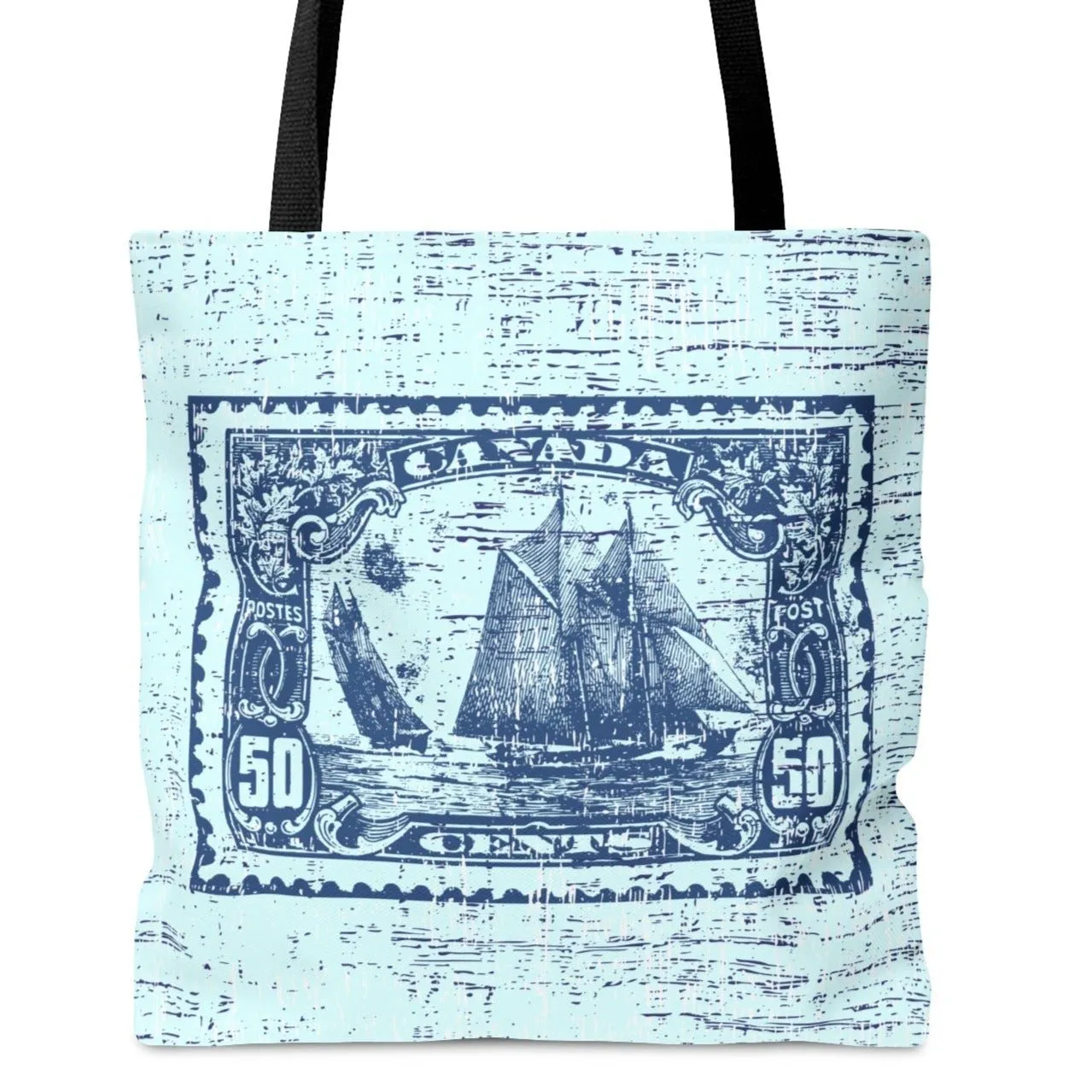 Vintage Canadian Fifty Cent Stamp Tote - Ship Design on Light Tiffany Blue Background