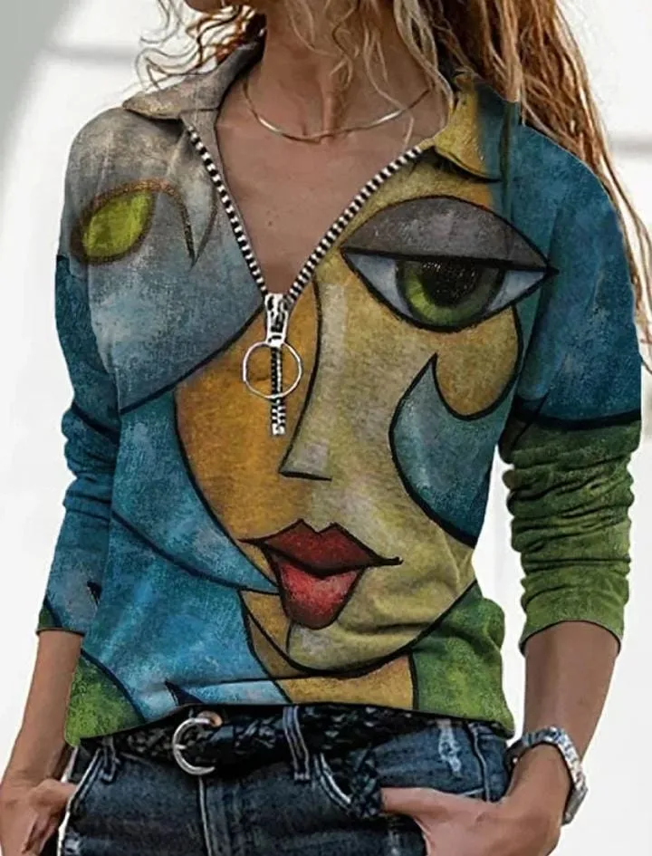 Women's T-shirt Casual V-neck Digital Printing Sexy Top   S0706967